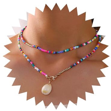 Allereya Vintage Geschichtet Muschel Anhänger Halskette Samen Perle Jakobsmuschel Halskette Bunten Reis Perlen Schmuck Für Frauen Und Mädchen