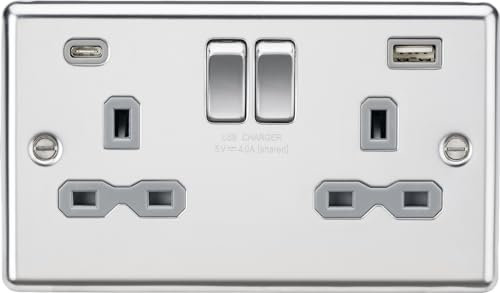 13A 2G SP Switched Socket with dual USB C+A 5V DC 4.0A [shared] - Polished Chrome with grey insert