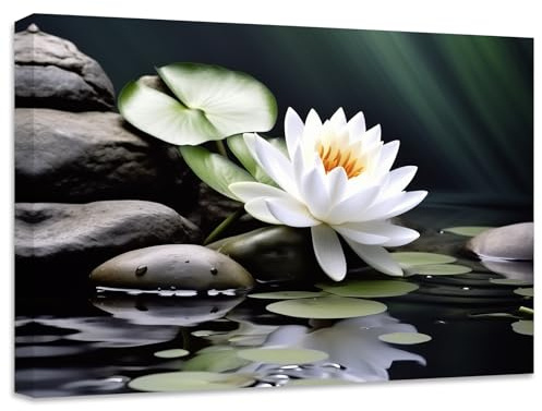 ZXHYWYM Zen Leinwandbilder Stein Lotusblume Bild Drucke Seerose Natur Spa Gemälde Badezimmer Kunstwerk für Meditation spirituelle Raumdekoration (Bild-1, (40.00 x 60.00 cms))