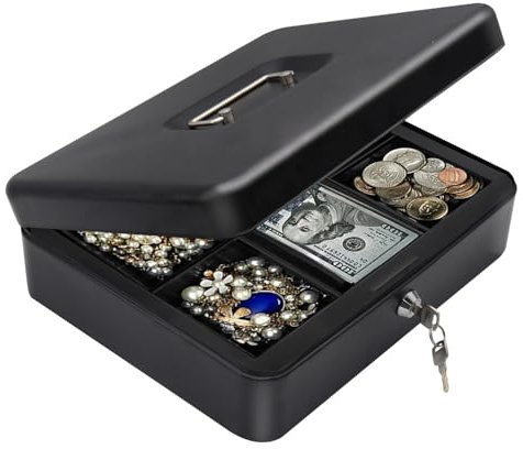 Small Safe With Keys |Steel Lock Cash Box | High Security Safety Box | Home Office Money Cash Storage Box With 2 Keys（Black）
