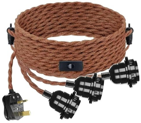 ktjes 3 Lights Plug in Pendant Lighting, 6.7 Meters Brown Twisted Braided Wire Pendant Light Fitting with Plug E27 Lamp Holder UK Plug, FNG-008