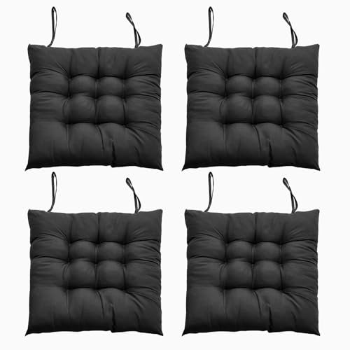 DKIEI 4er Set Stuhlkissen mit Bändern, Bequemes Sitzkissen 40x40 cm Stuhlauflage für Bürostuhl, Gartenstuhl, Balkonstuhl, Sitzpolster Indoor & Outdoor für Esszimmer, Wohnzimmer, Studierzimmer Schwarz