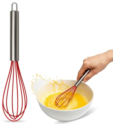CHEFZOCO Batidor manual, Varillas de batir, Mezclador manual, Batidor de cocina, Batidor de huevos, Apto para Mezclar, Revolver la Masa, Huevos, Longitud 25 cm, Silicona y Acero inoxidable, Rojo