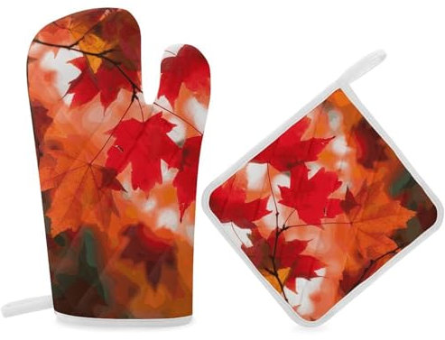 Lot de 2 gants de cuisine et maniques résistants à la chaleur - Gants de cuisine et maniques pour barbecue, automne et automne - Feuilles d'érable rouges