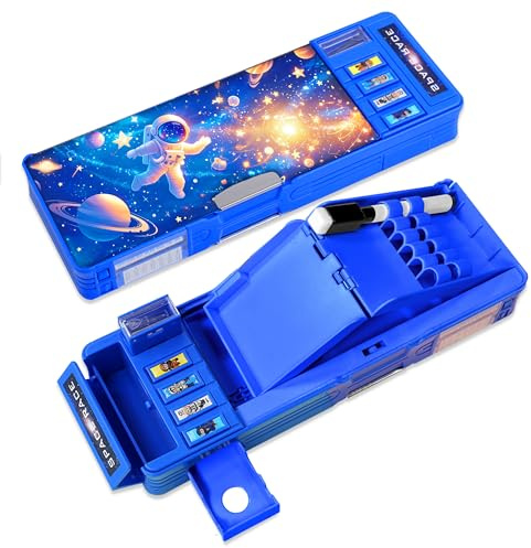Astuccio Pop-up Multifunzione Rigido con Scomparti, con Pulsanti e a Cerniera per Bambini, Simpatici Cartoni Animati, Cancelleria, Calendario, Lavagna, Forniture Scolastiche per Ragazze, Ragazzi, Blu