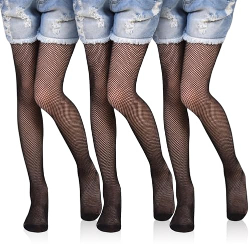 UILYNIU 3 Pairs Black Fishnet Tights Mesh Pantyhose for Girls, Childrens Netted Tights Footed Net Leggings, Fish Nets Stockings for Dance Ballet Stage Gymnastics Party Ballet Halloween