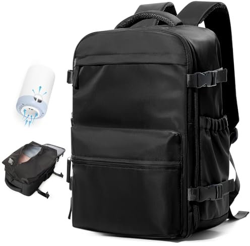 BOXSAM Vakuum Rucksack Handgepäck Flugzeug Tasche Airbag mit Vakuumsystem Reisen Tagesrucksack Esayjet 45x20x36 Rucksack Damen Vacuum Reiserucksack mit Pumpe Wasserdicht Herren Vakuum Koffer Schwarz