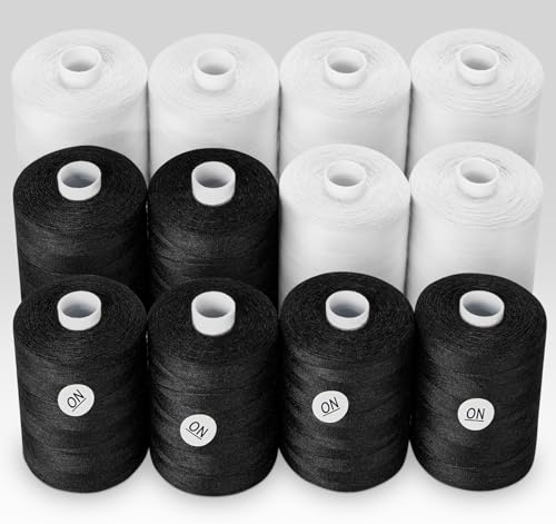 Nähgarn 914m/1000yd, Weißes und schwarzes Polyester-Garn | 12 Polyester-Garn, Allzweck Nähgarn Maschine für Anfänger, Handnähen, Quilten, Reisen, Nähen und Sticken