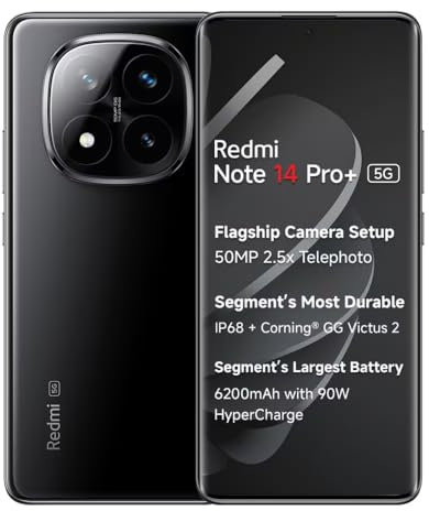 Xiaomi Redmi Note 14 Pro+ Plus 5G + 4G LTE (for Tmobile Mint Tello & Global) (256GB + 8GB) NFC 6.67 120Hz 200MP Pro AI Camera Model 24115RA8EG Unlocked Dual Sim (Midnight Black)