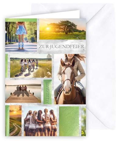 KE - Moderne Karte zur Jugendweihe, Glückwunschkarte für Mädchen, mit Umschlag, weiß, Motiv: viele Bilder, Pferd, Fahrrad, Freunde, Steg, Wasser, Folienprägung in grün, Format: B6