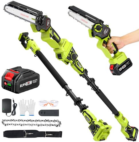 Supstable 2-in-1 Cordless Pole Saw & Mini Chainsaw, Electric Chain Saws 8 Inch & 6 Inch with Auto Oiler, 2 x 4.0Ah Batteries, Tree Trimmer Limb Branch Cutter Pruner with Extension Rod Up to 10FT