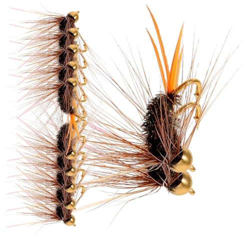 LIOOBO Anzuelos de Pesca Mosca Biónicos 12 Unidades Cobre y Plumas de Pavo Real Señuelos Artificiales Flotantes para Pesca en Agua Dulce y Salada en Lagos