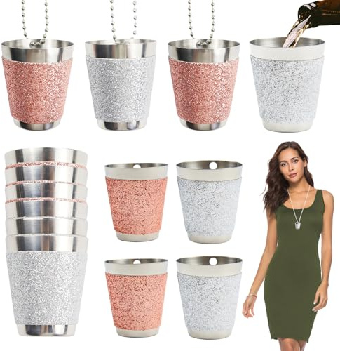PIWOSGOL 12 Piezas Vasos de Chupito con Cadena Vaso de Chupito de Novia Chupito Nupcial Vasos para Camping Viaje Niños Casa Despedida de Soltero Novia Fiesta（Oro rosa y plata）