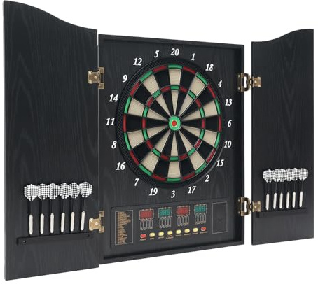 Dartscheibe Elektronisch, Dekorative Dartscheibe Schrank Set mit LED-Anzeige, inkl 12 Soft Pfeile und 88 Dartköpfe, Bis zu 16 Spieler, Geeignet für Partys und Spieleabende