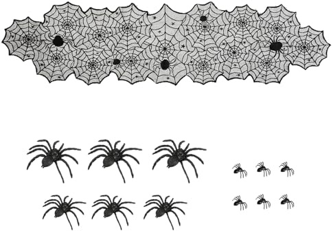 Halloween Tischdeko Tischdecke Spinnen Tischläufer Spinnennetz mit Spitze Schwarz Halloween Tischdecke für Halloween Dekorationen Spukhaus Party (183×45cm)