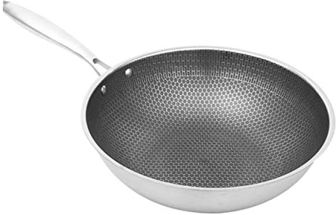 GRIRIW Padella Wok in Acciaio Inossidabile 32cm Manico Termoisolante, Padella Portatile Per Fornelli a Induzione Gas e Elettrici, Utensile Da Cucina Per Friggere Verdure e Uova