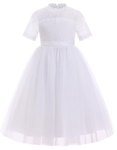 EFOGEP Girls Party Dress Flower Girl Lace Short Sleeve Tulle Dresses | Round Neck Princess Dress for First Communion Birthday Bridesmaid Wedding Party Pageant