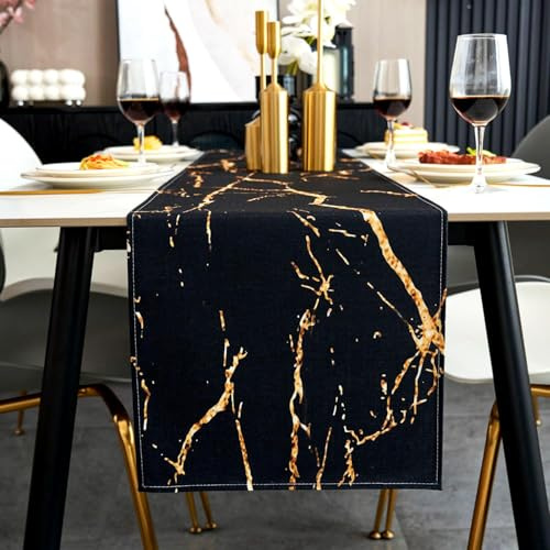 Jayusaror Tischläufer Modern Herbst Schwarz und Gold Leinen Marmor Goldene Textur Abstrakte Kunst Waschbarer Tischläufer für Kaffee, Esszimmer, Kommode, Beistelltisch, Schlafzimmer, 40 x 240 cm