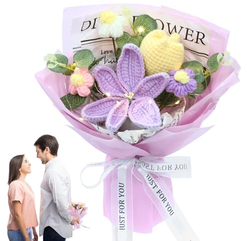 OXENKA Crochet Flowers Bouquet, Hand Knitted Flower Bouquet Tulip Crochet Flower Bouquets, Handmade Knitted Flowers for Anniversary Birthday Party Graduation Home Decoration(Purple)