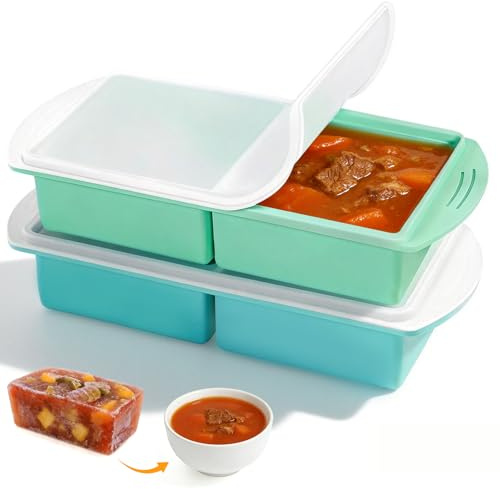 2 Piezas Bandeja de Silicona para Congelador de 2 Taza con Tapa, Moldes de Silicona para Congelador, Recipiente de Silicone para Congelar y Almacenar Sopa, Salsa, Porciones de 500ml