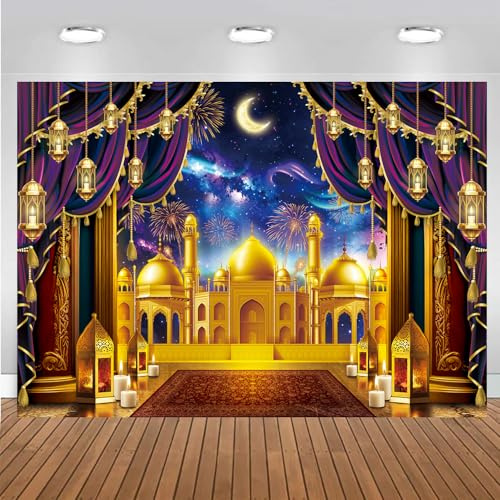 Toile de fond pour photographie de l'Aïd Mubarak, bleu, violet, or, nuit arabe, pour fête musulmane, Ramadan, Mubarak, décoration de fête (238,8 x 1,8 m)
