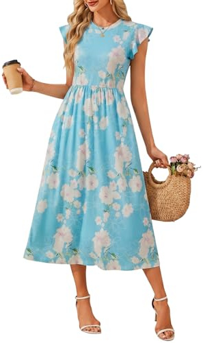 HEEKPEK Abito Donna Estivo Lungo Vestito Girocollo Scollo con Manica a Volant Vestiti Eleganti Chic Stampa Abiti da Mare Casuale Spiaggia con Tasca(Fiori Azzurri,M)