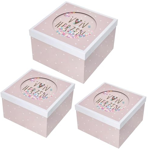 Boxenset 'Von Herzen' 3er Set mit Sichtfenster und Glitzer | 3 Größen quadratisch rosa Papier 900gsm | Schachteln Geschenkboxen (rosa)