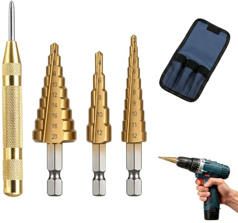 4 Pack Step Drill Bit with Automatic Center Punch, Titanium Steel Coated | HSS Step Drill Bit Set, High Speed Hole Cutter Tools for Wood Stainless Steel Sheet Metal Plastic, 3-12MM, 4-12MM and 4-20MM