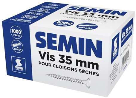 SEMIN Vis Plaque de Plâtre 3,5 x 35 mm – Vis Auto-Perceuses TTPC Double Filet – Fixation Ossature Métallique Intérieur – Acier Phosphaté Anti-Corrosion – Boîte 1000 Vis – Norme DTU 25.41