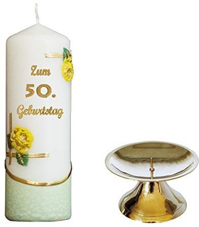 Meissner-Handel Auswahl * Jubiläumskerze/Geburtstagskerze ''Zum 50. Geburtstag'' * grün * mit farbigen Wachsauflagen * inkl. Kerzenständer aus Messing * (Motiv 003) Auswahl Motiv + Farbe