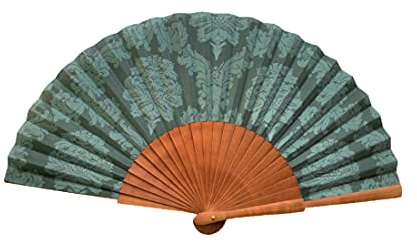Spanischer Handfächer Damasco Verde–Holz und Baumwolle–23 cm–Etui und Bezug aus Jute–Modeaccessoire–Handgefertigt in Spanien–Events und Geschenke-Traditionskollektion–Tusitala Barcelona