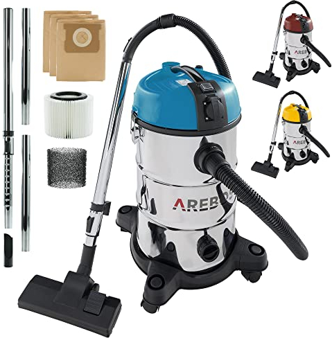 AREBOS Aspirapolvere industriale 1300 W secco e umido 30 L | Bidone aspiratutto e aspiracenere | Per polvere, liquidi e pulizia auto | Blu