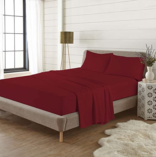 EXQUIZIT HOME Parure de lit en flanelle 100 % coton brossé, comprenant drap-housse, drap plat et 2 taies d'oreiller assorties, ensemble de draps, Rouge, lit double