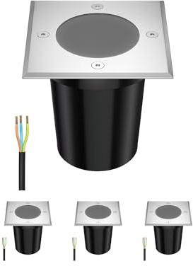 ledscom.de 4x Bodeneinbauleuchte RELI für außen, IP67, edelstahl, eckig, 11 x 11cm, 1x GU10 max. 15W, gefrostet