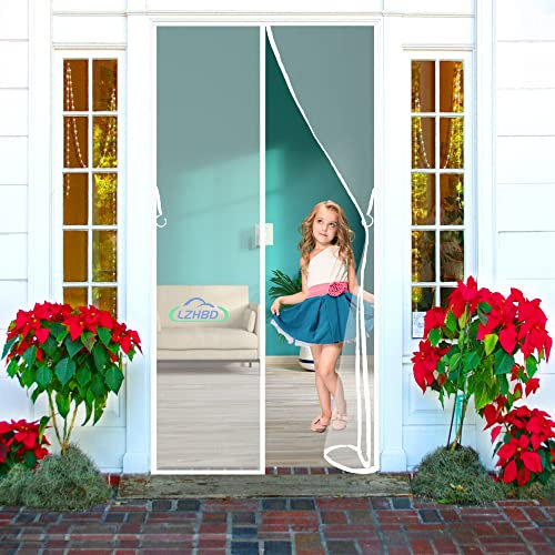 LZHBD Fly Insect Screen Door Magnetic, 175x225 cm, Mesh Retractable Door Curtain, Keeps Mosquitoes Insects Bugs Out, Fits Balcony PatioFront Back Door, White [New-Version]