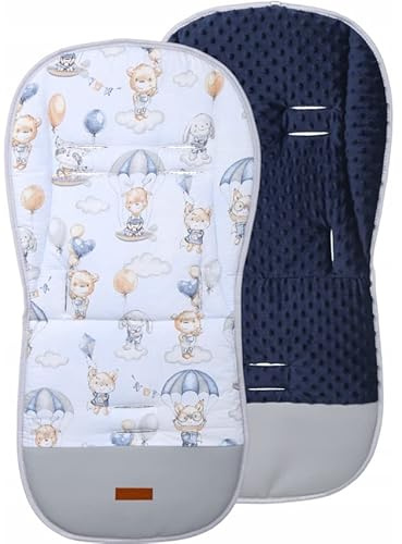 BABYMAM Universal Seat Liner for Pushchair Stroller Pram Double Sided Cover Mat Pad Protector Breathable Organic Cotton 100%, Dimple (Navy/Walk in The Clouds)