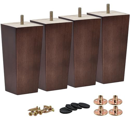 TCHOSUZ 10 Inch / 25cm Wooden Furniture Legs, Set of 4 Solid Wood Mid-Century Modern Pyramid Replacement Feet, Square Sofa Legs with M8 Bolts & Anti-Slip Pads for Sofa Ottoman Table Dresser Walnut