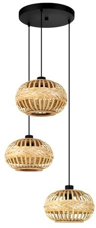 EGLO Pendellampe Amsfield 1, 3-flammige Pendelleuchte über Esstisch | Hängeleuchte aus Metall in Schwarz und Bambus in Braun, Holz Hängelampe mit E27 Fassung, Ø 48 cm