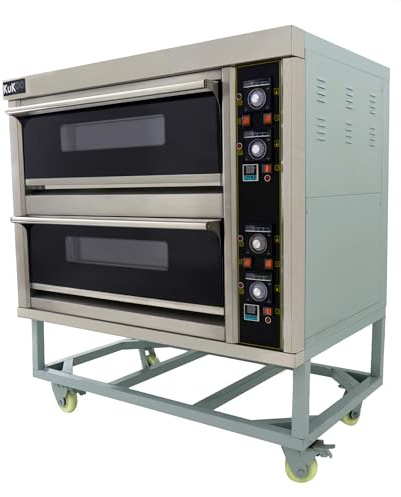 Horno Pizza Profesional Eléctrico Doble Cámara KuKoo 12 Pizzas 25cm y Pala para Pizza - Horno Pizza Hostelería Industrial 400°C con Piedra Refractaria, Temporizador Digital, Acero Inoxidable, Bandejas