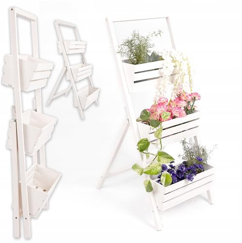 ECODECO Hochbeete für Garten Pflanzenregal aus Holz | Kaskadierendes Blumentreppe für Outdoor Indoor Balkon Terrasse | Vertikales Hochbeet mit 3 Etagen | Weiß