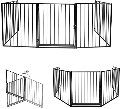 Yakimz Rejilla de protección para chimenea con puerta de metal, 304 cm, rejilla de protección, 5 elementos, incluye puerta de seguridad, plegable, parque para perros, color negro