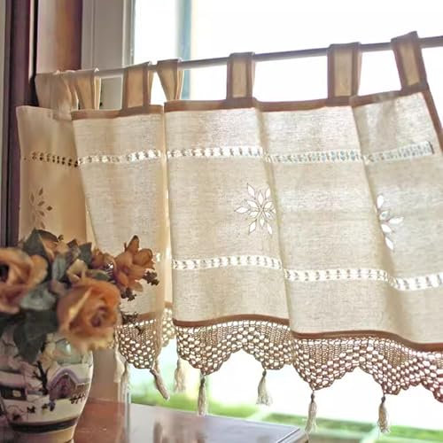izielad Kurze Scheibengardine Vintage Boho Vorhang Kurzgardine Bistrogardine Spitze Häkelgardine Beige Kurzstore Gardine Mit Quasten Landhausstil Kurzgardinen Für Küche Cafe BxH 150x45cm