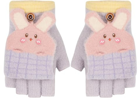 TAGVO Kids Winter Knit Warm Gloves for Girls Boys, Multifunction Stretchy Fingerless Convertible Flip Top Gloves with Soft Layer Fleece, Fluffy Half Finger Mitten Gloves for kids 7-13 Years Old