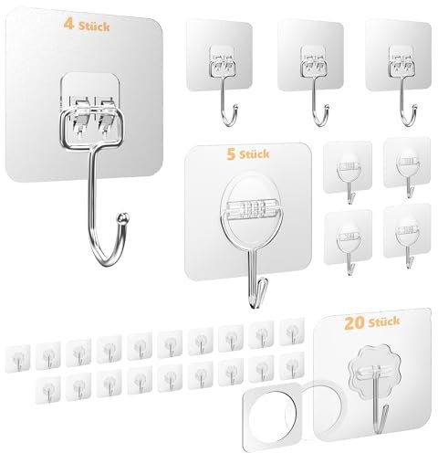 Menz Ganci adesivi extra forti, set da 29 pezzi – Ganci autoadesivi trasparenti con 3 varianti, ganci girevoli a 180°, autoadesivi, per soffitto, parete, ideali per cucina, bagno, decorazione