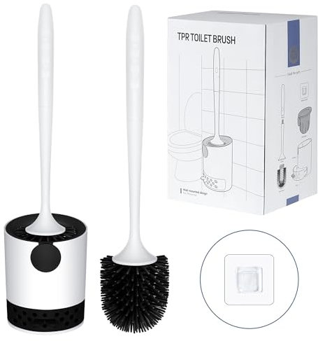 absolove Klobürsten-Set, Toilettenbürste mit Wandhalterung & Standfuß, Anti-Tropf-Design, WC bürsten mit Langer Stiel (42cm) und schnell trocknenden Borsten für Badezimmer (Weiß & Schwarz)