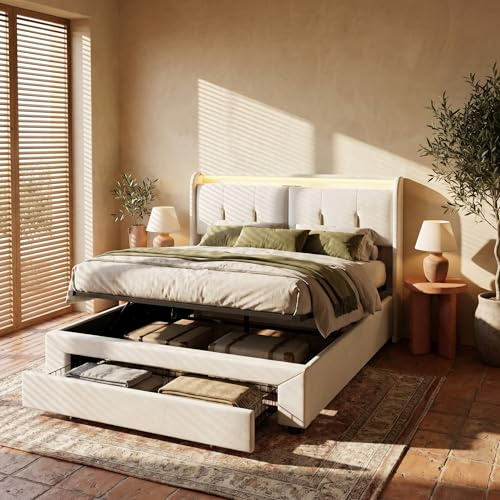Julyue Bett 160x200 mit Stauraum, Polsterbett Hydraulisch mit Schubladen und Lattenrost, LED Kopfteil mit Stauraum und USB Ladestation, Doppelbett Stauraumbett, Samt, ohne Matratze (Weiß, 160x200 cm)