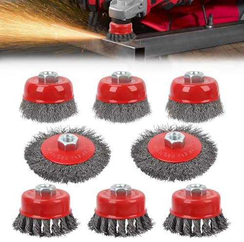 Lot de 8 brosses métalliques pour perceuse - Brosse métallique pour meuleuse d'angle - Embout de ponçage - Convient pour perceuse de polissage, meulage, dérouillage, ébavurage