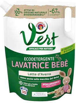 Chanteclair Vert - Detergente Lavatrice Bebè Latte d'Avena 1200ml | 100% origine naturale, superefficace sulle macchie del bebè, ipoallergenico, per pelli sensibili, 30 lavaggi, igienizzante