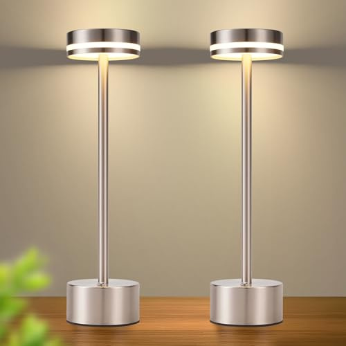 meoaow Tischlampe Akku LED Tischleuchte Kabellos - Nachttischlampe Dimmbare mit USB-C Aufladbar Batterie Touch Lampe Tischlampen für Schlafzimmer Esszimmer Büro (Silber, 2ER)