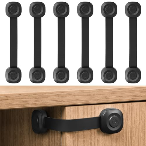 ECHOCUBE Cerraduras de seguridad para niños, 6 unidades de cerraduras ajustables para cajones, correas de seguridad para bebés para armarios, gabinetes, refrigeradores y baños (negro)